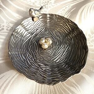 Vintage GANZ Pewter Bird’s Nest Trinket Or Ring Dish Faux Pearl Eggs 3” Gift